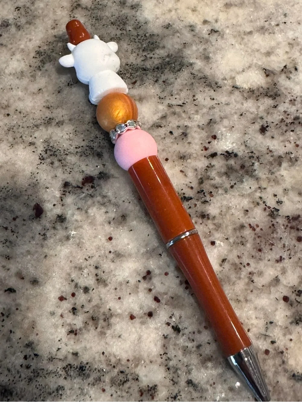 Hand Crafted Brown and Pink Cow Beaded Pen